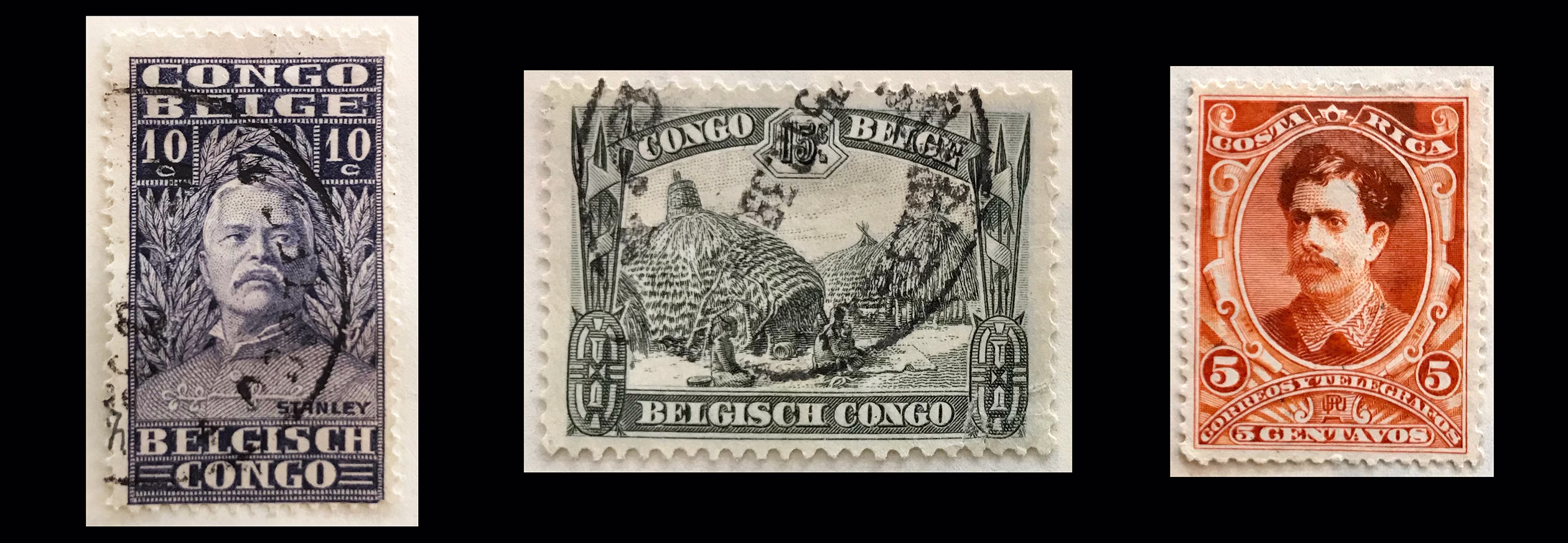 Postage stamps were once engraved in the banknote style, here are three examples: (Left) Sir Henry Morton Stanley famous for his central Africa missionary and explorer David Livingstone. (Middle) 1931 – Kivu kraal, Belgian Congo. (Right) Ca. 1889, Costa Rica, Ramón Bernardo Soto Alfaro.