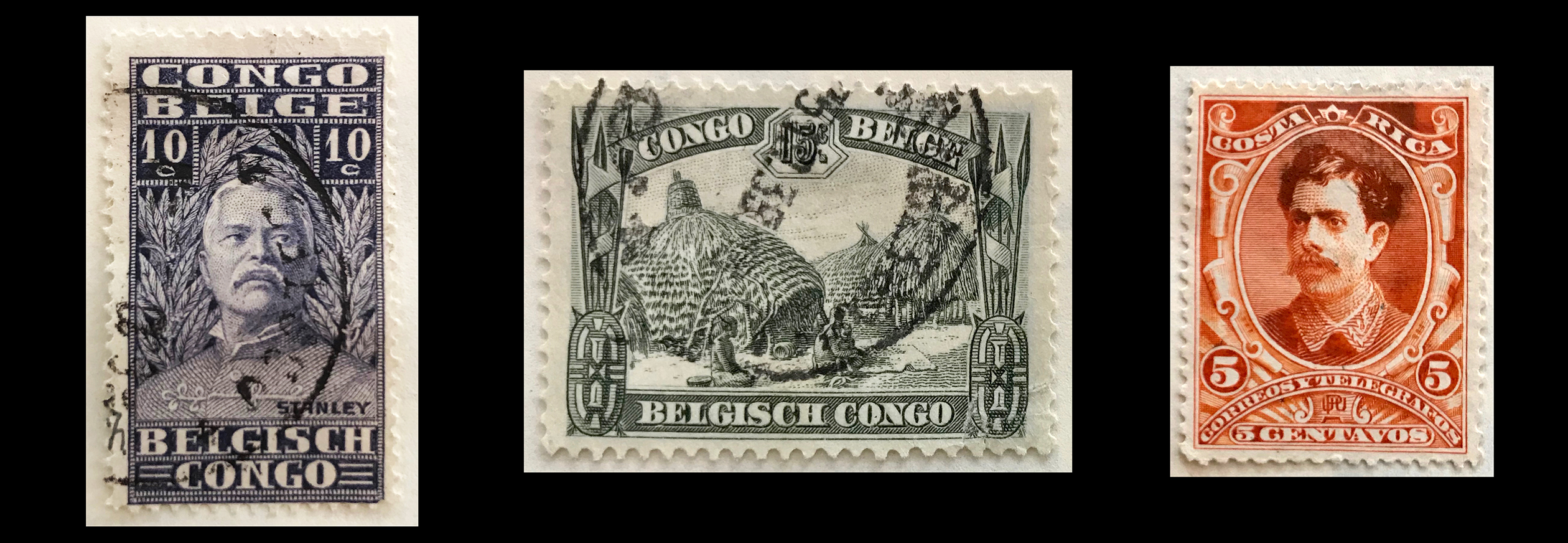 Postage stamps were once engraved in the banknote style, here are three examples: (Left) Sir Henry Morton Stanley famous for his central Africa missionary and explorer David Livingstone. (Middle) 1931 – Kivu kraal, Belgian Congo. (Right) Ca. 1889, Costa Rica, Ramón Bernardo Soto Alfaro.
